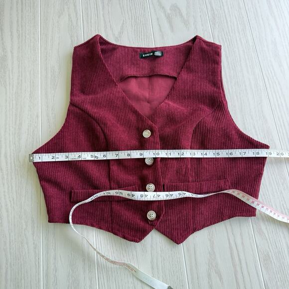 Shein Velvet Maroon Ribbed Sleeveless Vest Top Button Detail Petite Large - Picture 3 of 5